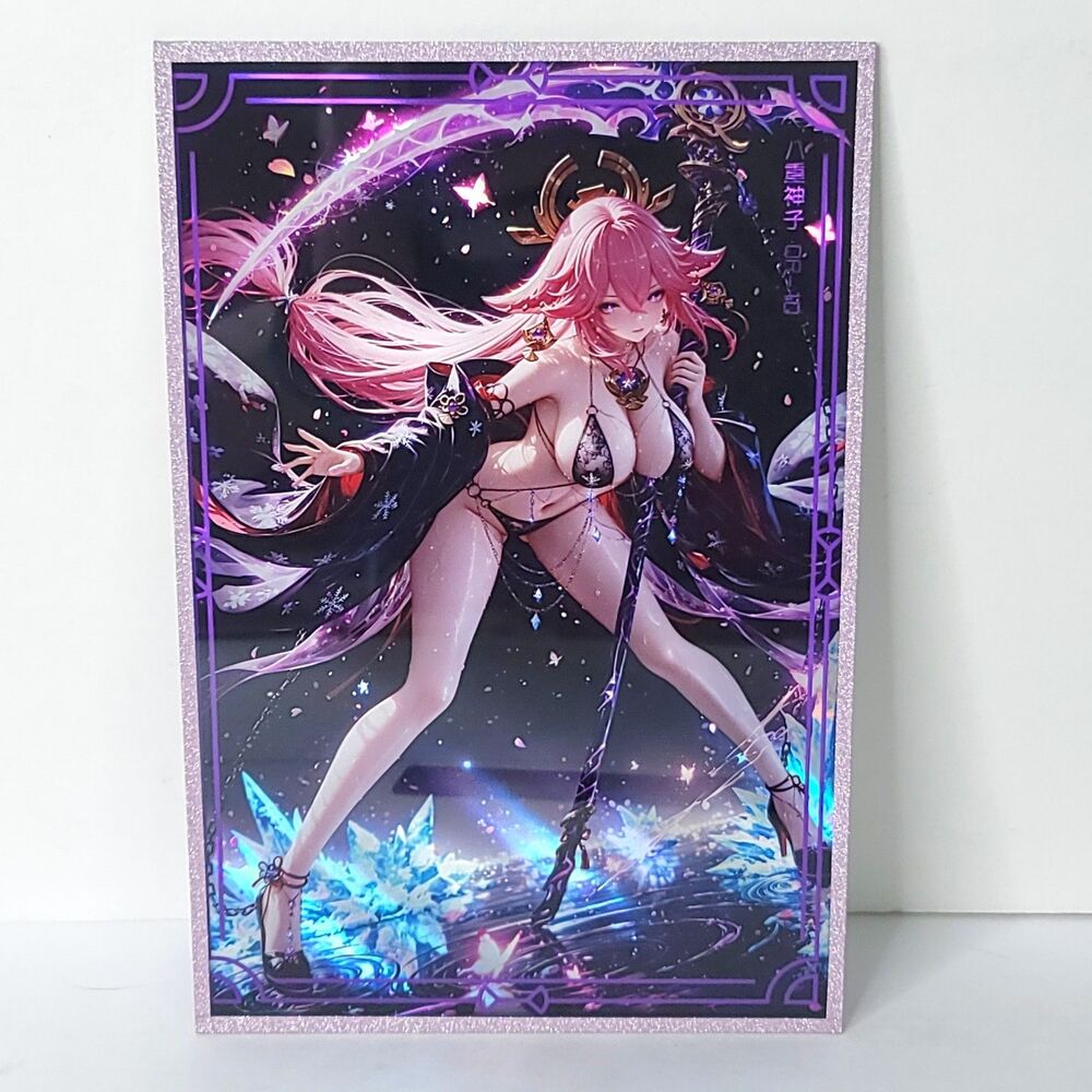 Yae Miko Sickle Holo Pink Waifu Card Anime Girl Wall Art Oversized Board A5